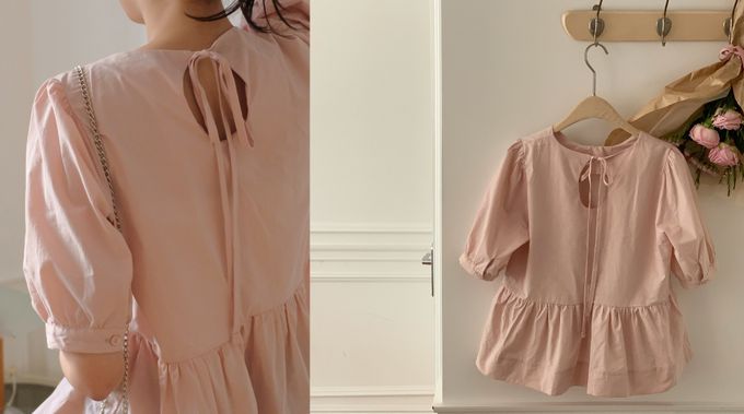 韓國 98doci - 質感後綁結公主袖上衣-淡粉