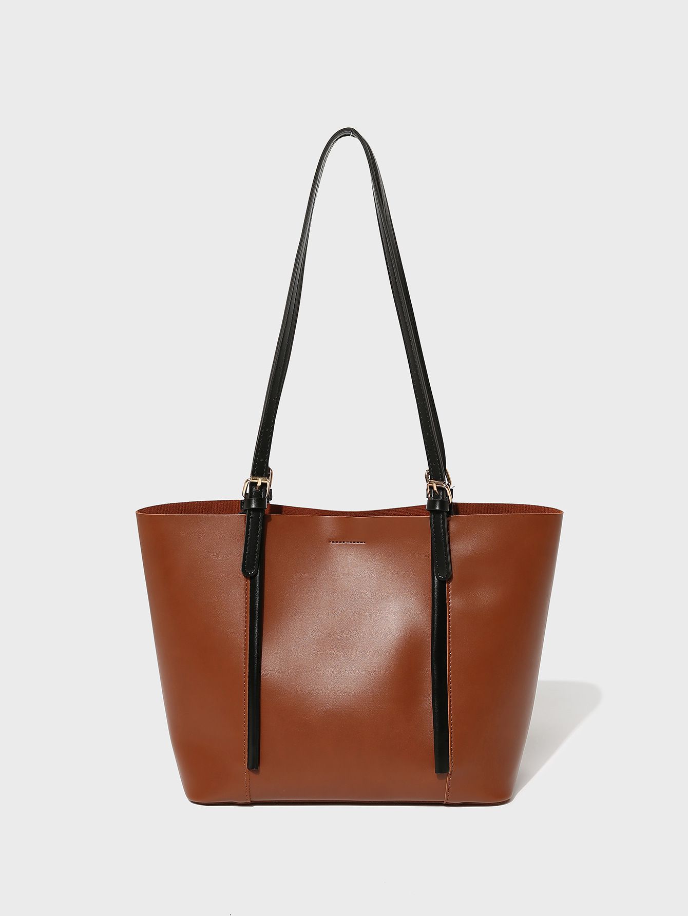 歐美風復古大容量單肩托特包-側邊小口袋-棕+黑 (26x29x12cm)