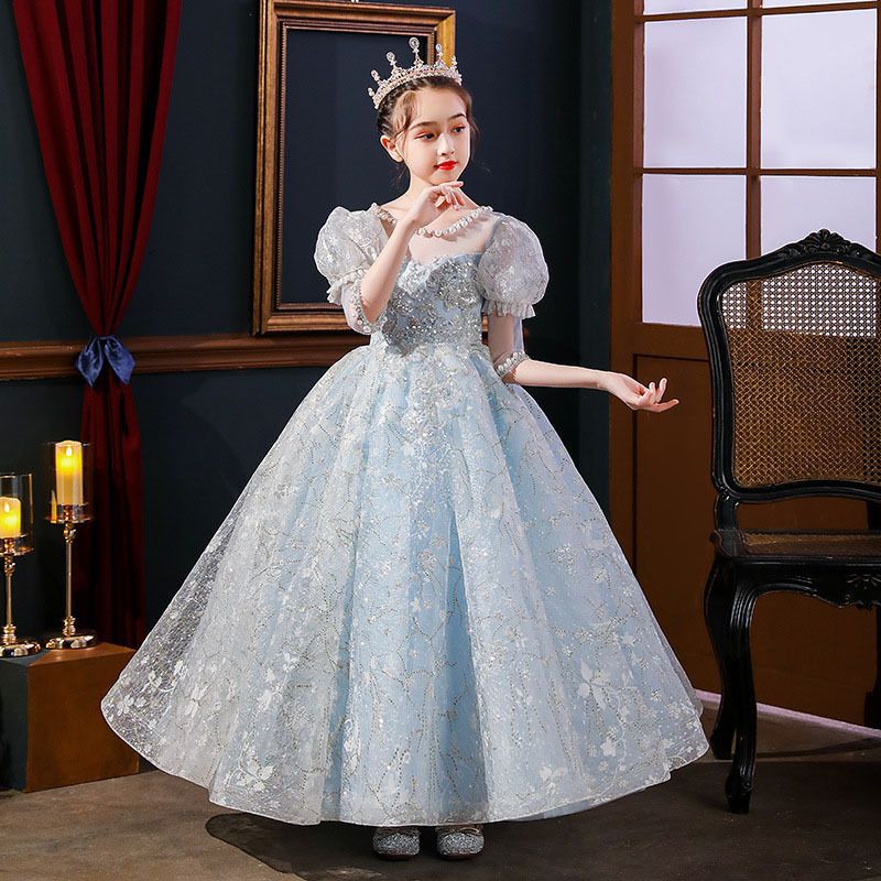 公主風刺繡七分袖禮服-滿版刺繡-藍色