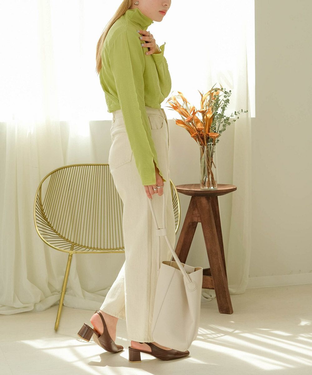 日本 Bab - 質感皺縮木耳領長袖上衣-酪梨綠