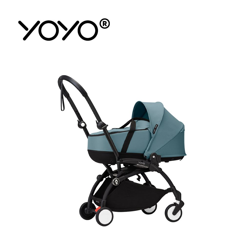 YOYO³ Newborn shell 0+新生兒睡籃推車-(含車架)-黑色車架+湖水藍睡籃