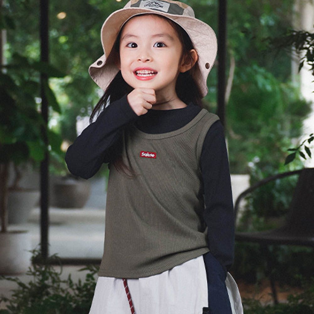 假兩件高彈針織長袖上衣-拼色灰綠