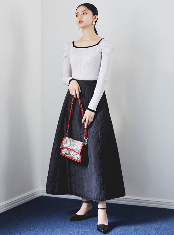 日本 GRL - 優雅絎縫立體修身傘裙-黑