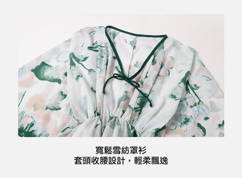 小清新比基尼罩衫顯瘦修身泳衣(三件組)-潑墨葉片-綠+白-比基尼上衣、泳褲、罩衫