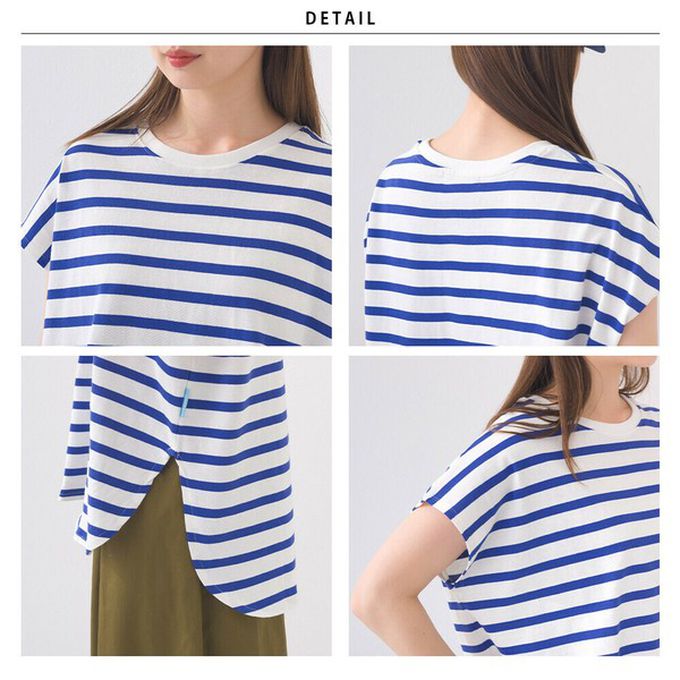 日本 OMNES - 接觸冷感 純棉不易皺法式袖上衣-粗條紋-黑x白