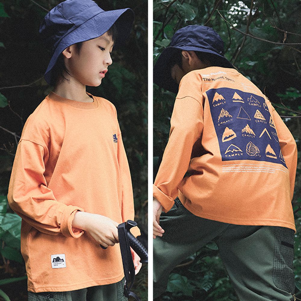 純棉圓領長袖上衣-手繪印花-黃棕