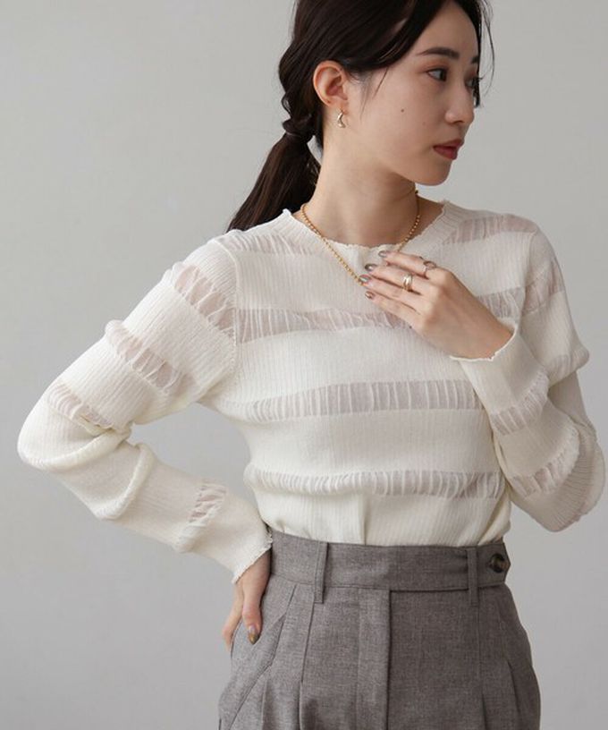 日本 Bab - 魅力條紋透膚針織長袖上衣-米白