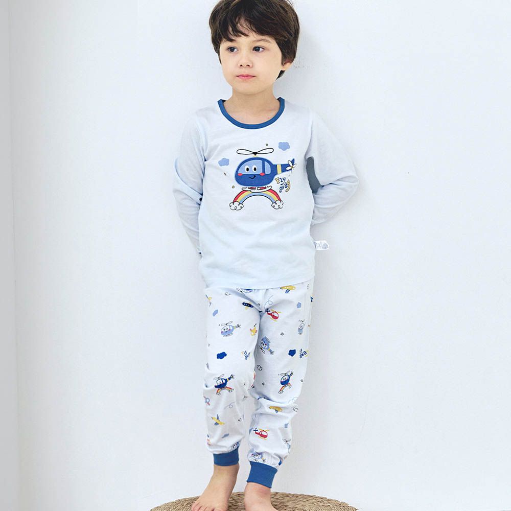 細緻柔棉薄長袖家居服-彩虹直升機-淡藍