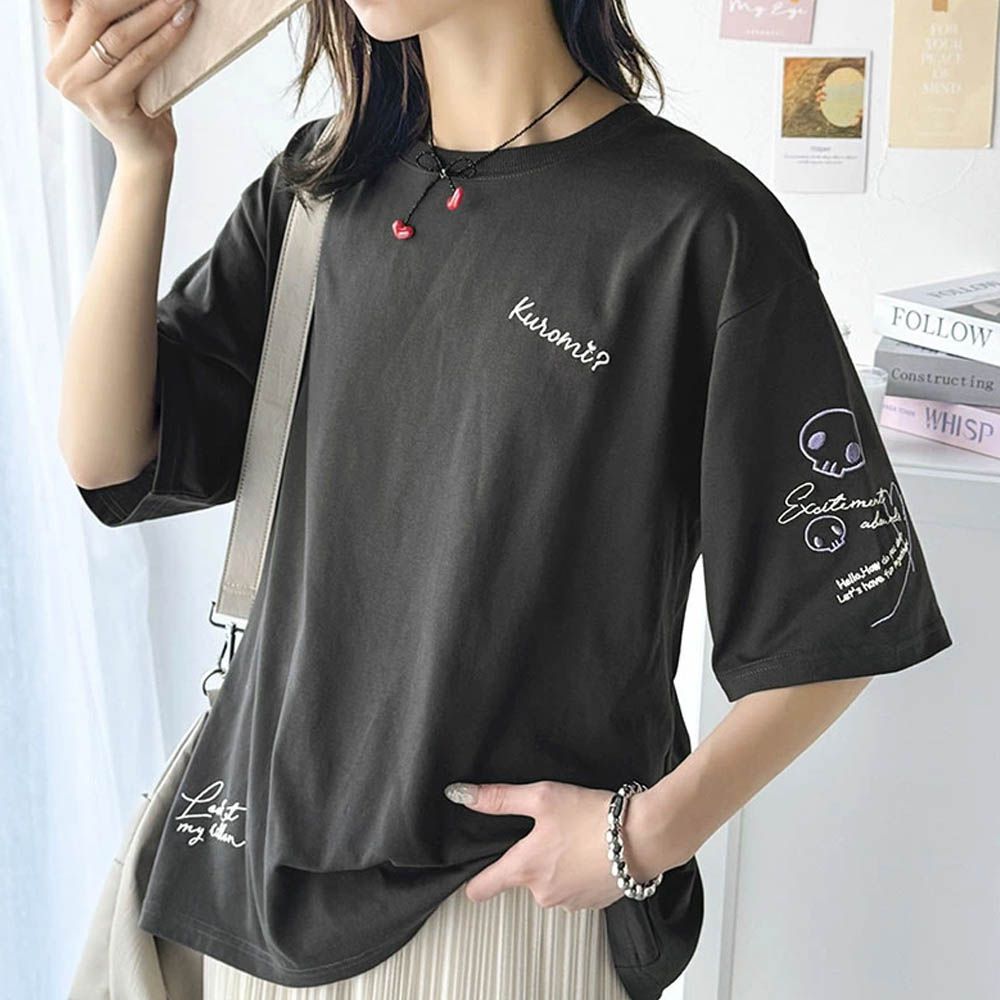 三麗鷗聯名刺繡印花短袖T恤-炭灰