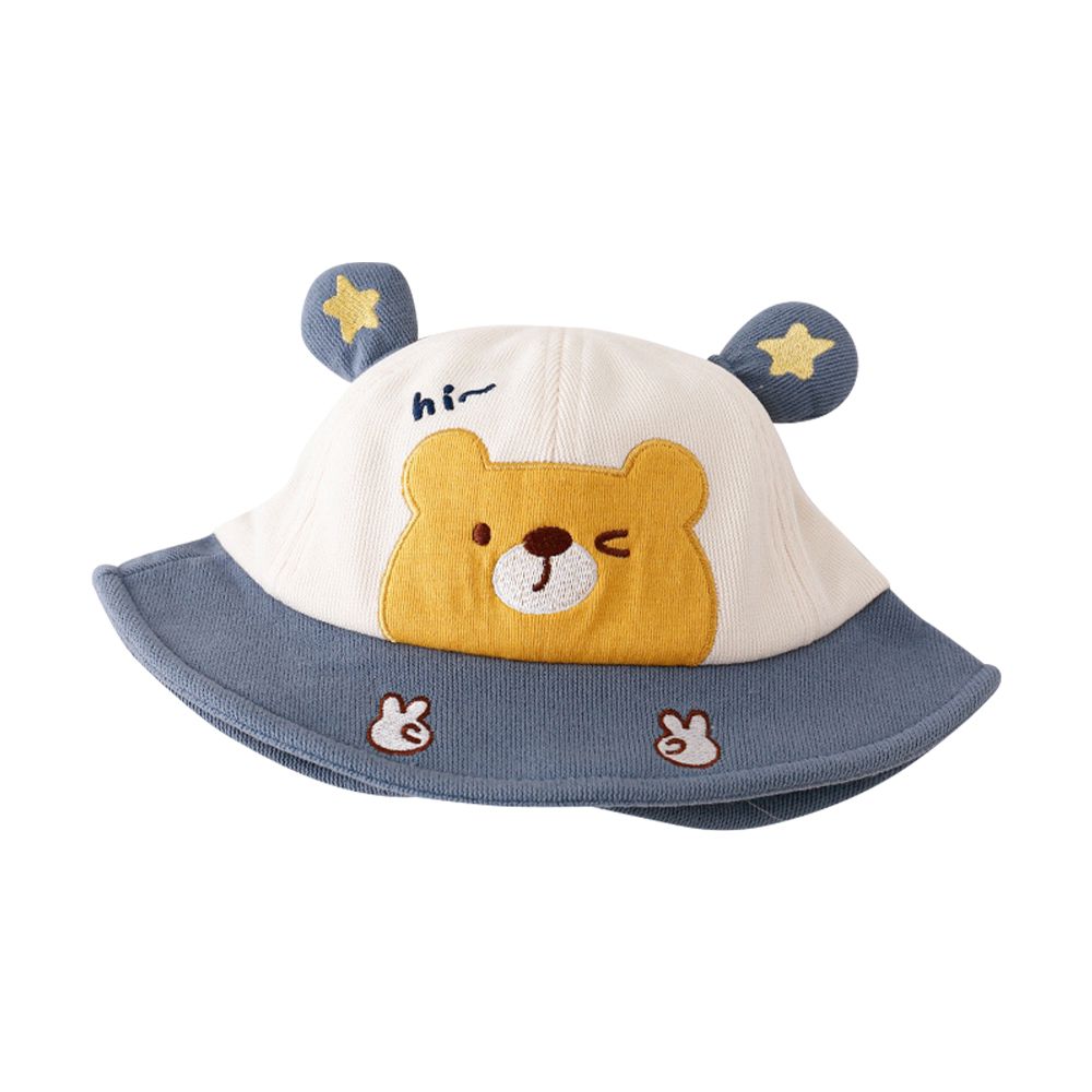 JoyNa - 寶寶遮陽帽 漁夫帽 兒童防曬帽 刺繡小熊-星星熊熊帽-米+藍