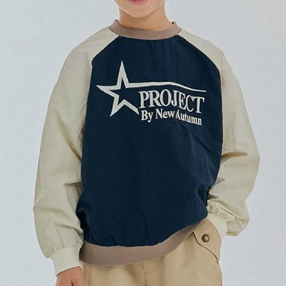 刺繡文字拼色長袖大學T-深藍