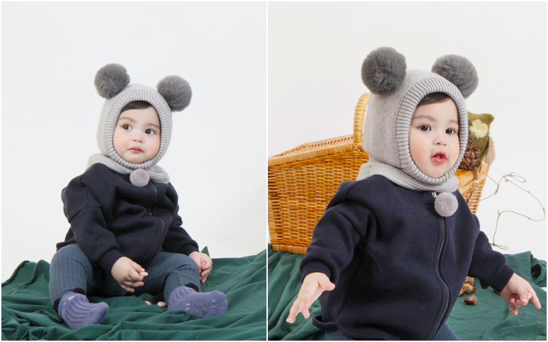 韓國 Babyblee - 大球球遮脖保暖帽-棕 (FREE)