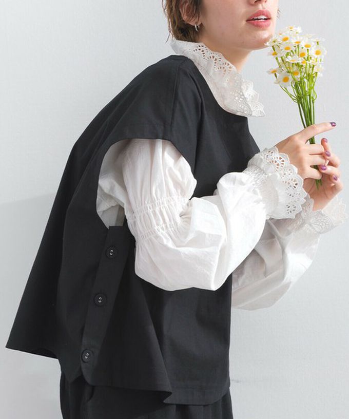 日本 Lupilien - 100%棉 典雅貝殼蕾絲宮廷長袖上衣-黑