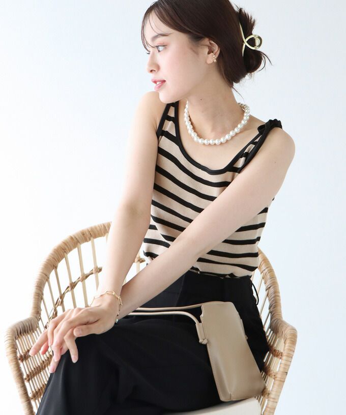 日本 BLUE EAST - 單邊綁帶條紋無袖上衣-綠