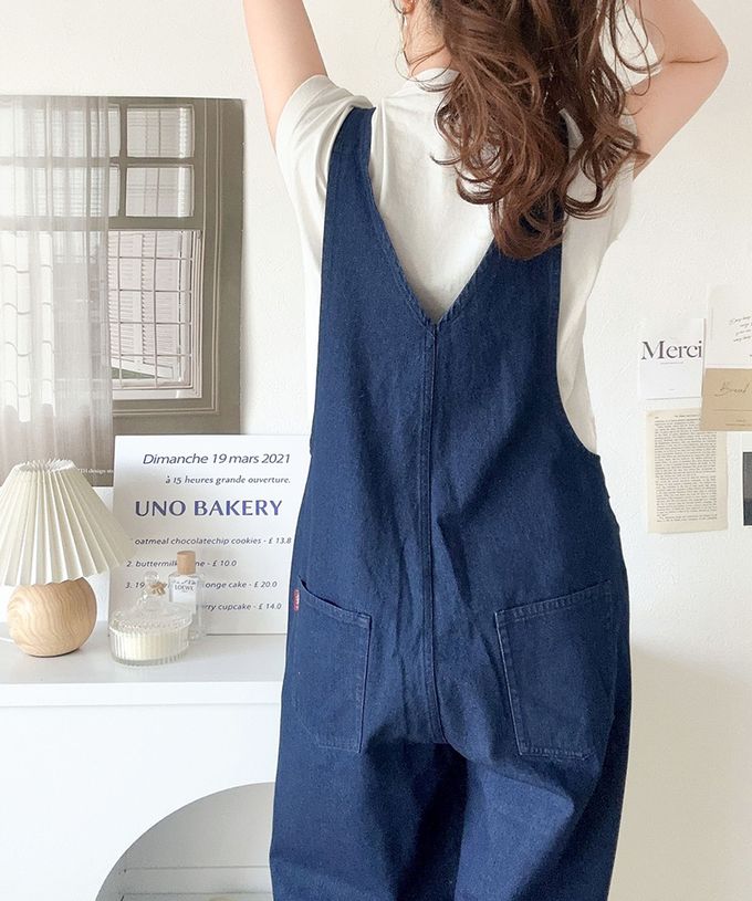 日本 Classical Elf - 純棉廓形丹寧風吊帶褲-側圓扣-象牙