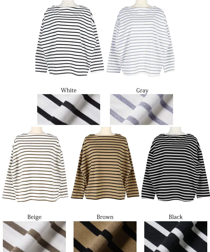 日本 COCA - [熱銷推薦] 百搭船領薄長袖上衣-條紋-灰x白