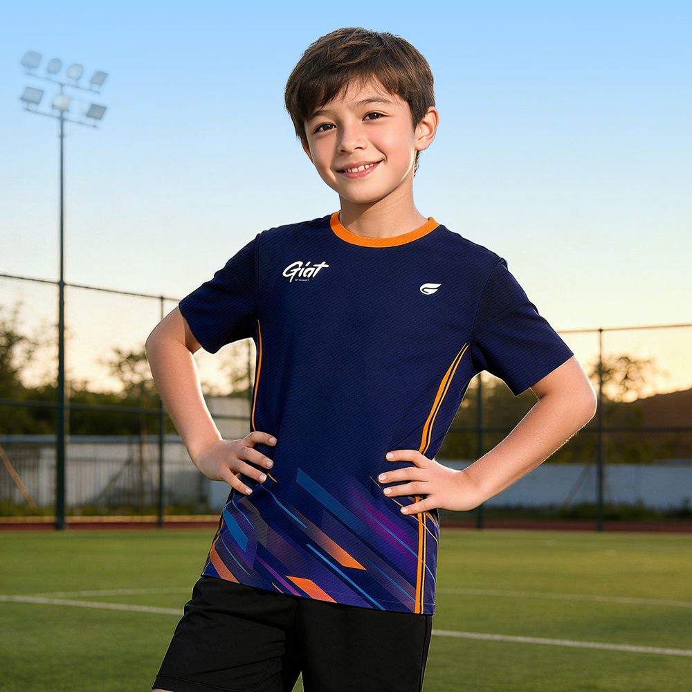獨家設計款透氣排汗衣-兒童/短袖-流光速/橘黑