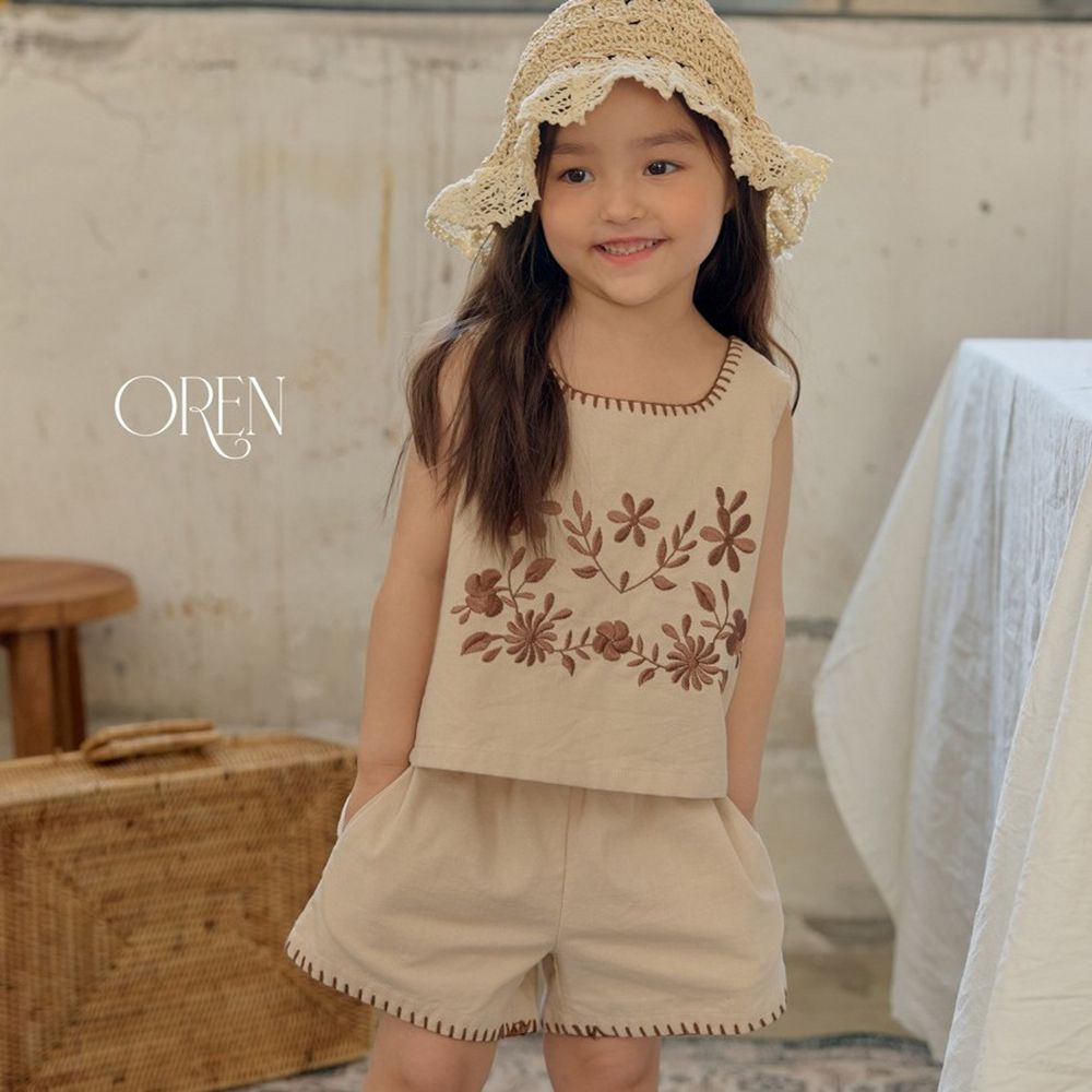 OREN 文藝風花紋刺繡棉麻背心短褲套裝-卡其杏