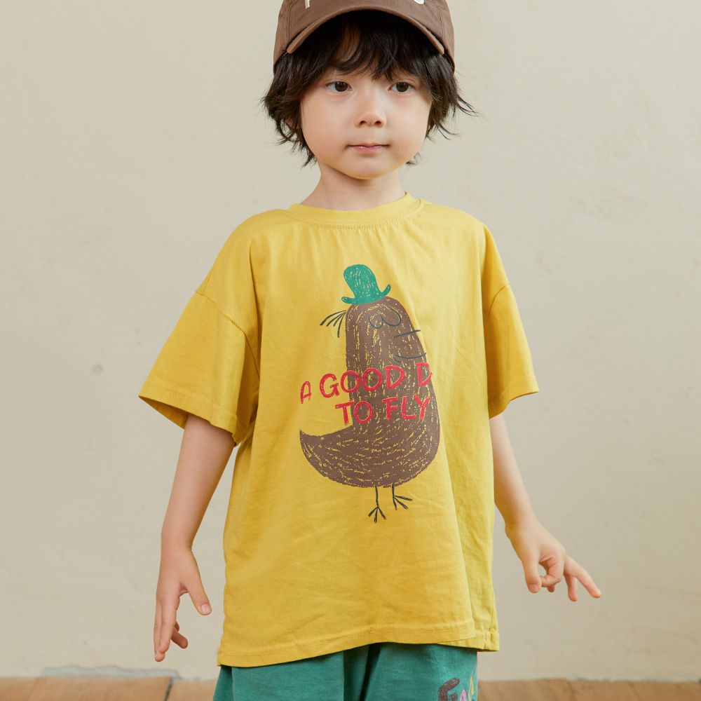 NAVi 紳士塗鴉小鳥純棉長版落肩袖上衣-黃