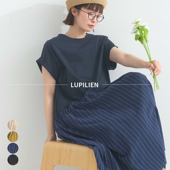 日本 Lupilien - [人氣款]亞麻混紡條紋拼接短袖洋裝-芥末黃