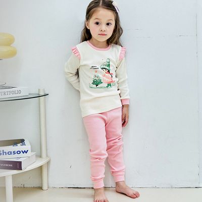 韓國 Maykids - 親膚舒絨棉彈性長袖家居服-聖誕樹女孩-米X粉