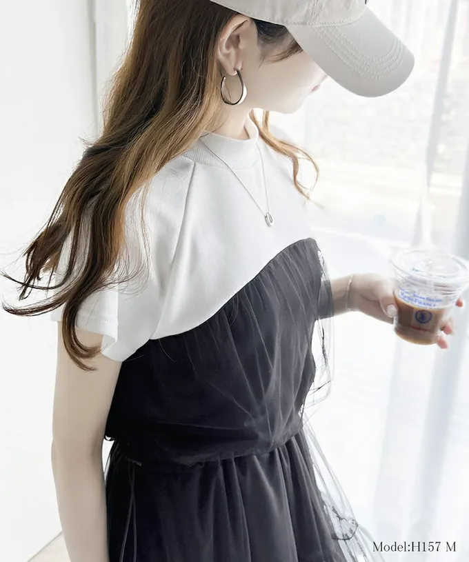 日本 Classical Elf - 顯瘦抽繩薄紗拼接法式袖洋裝-白黑