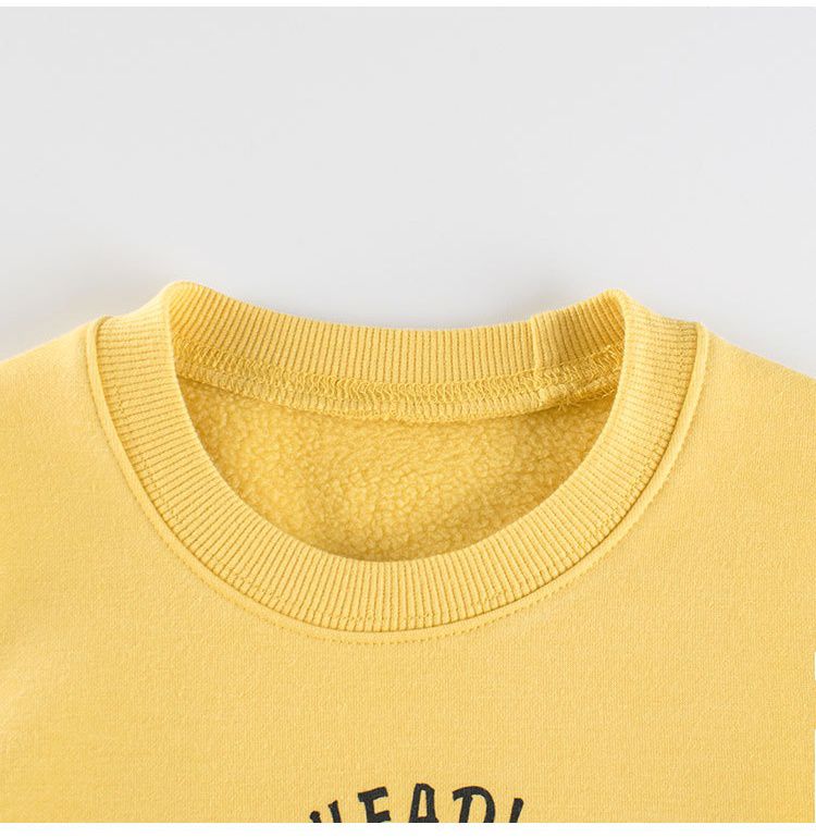 加絨棉質圓領長袖上衣/大學T-特技恐龍-黃色