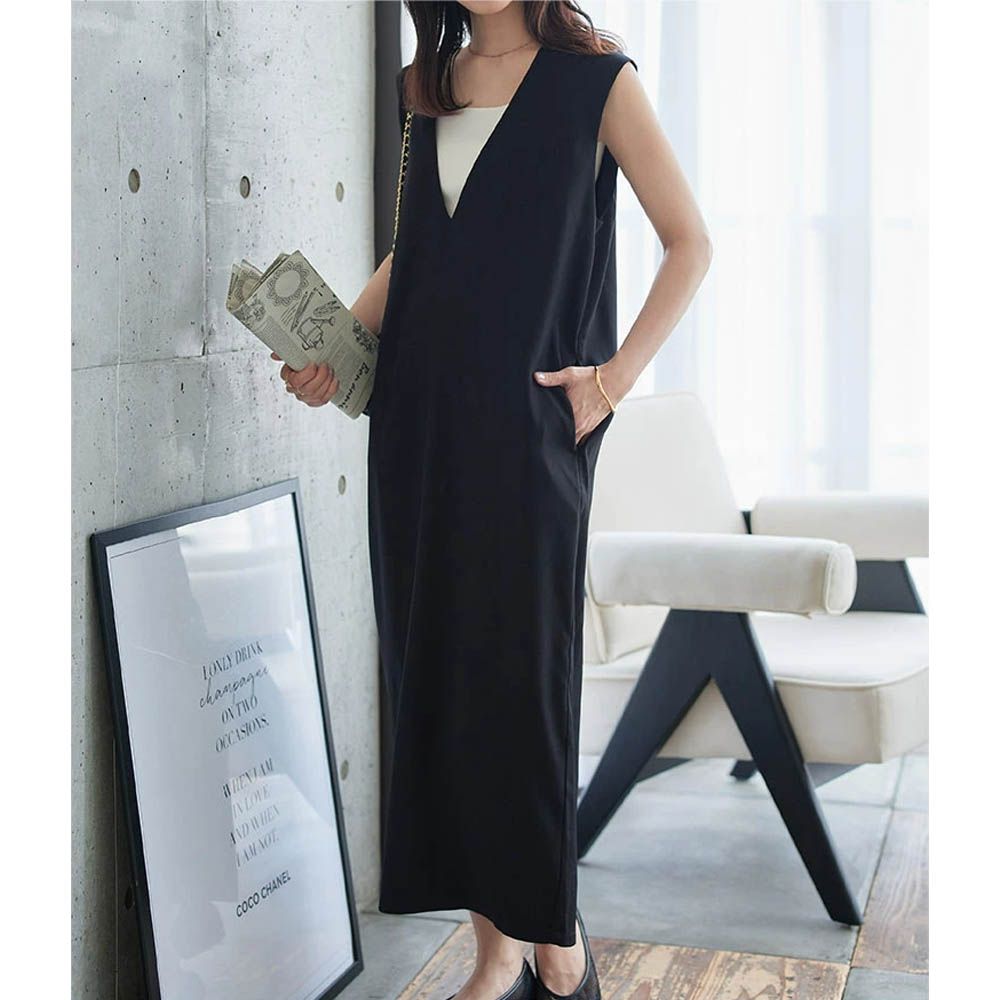俐落精緻深V修長連身洋裝-(可選長度)-黑
