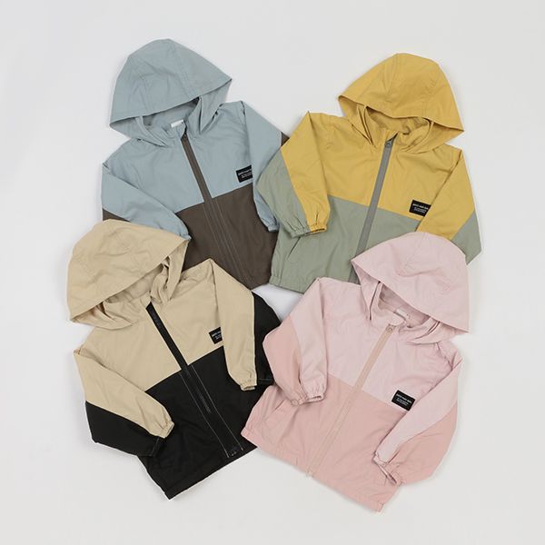 日本 petit main - 拼接雙色連帽輕量防風外套-淺黃x薄荷