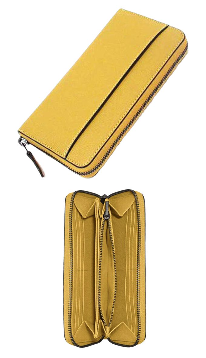 COACH - 素面皮革拉鍊長夾 (黃)