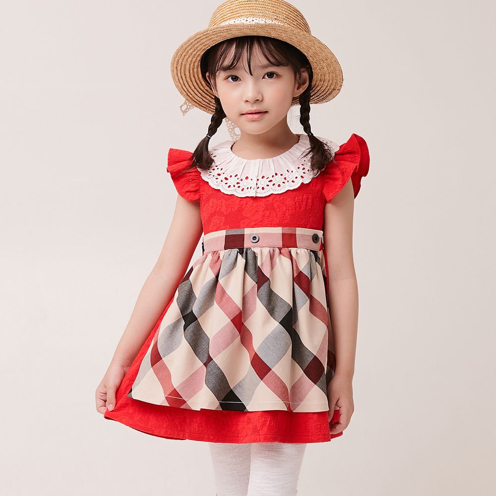 韓國 Coco Bang - 蕾絲領荷葉袖格紋圍裙洋裝-紅