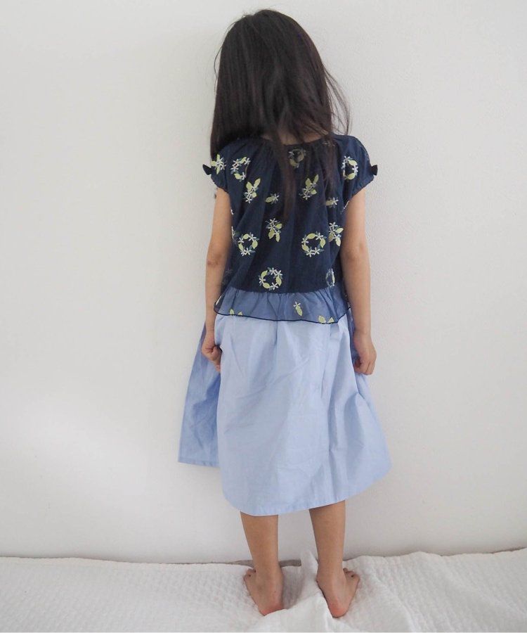 日本 apres les cours - 可愛檸檬刺繡分層短袖洋裝-海軍藍