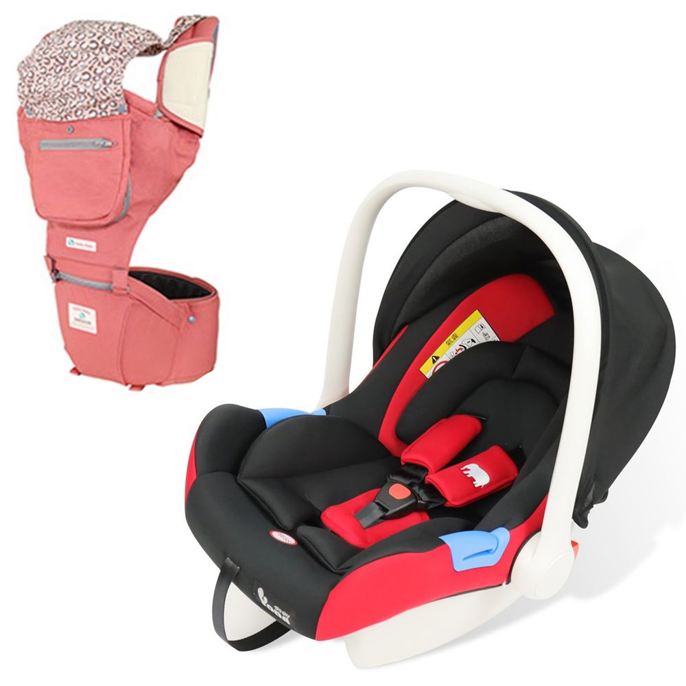 YODA - 嬰兒提籃式汽座+嬰幼兒機能成長型坐墊揹巾-魅力紅+玫瑰粉-0-12M(新生兒~13KG)