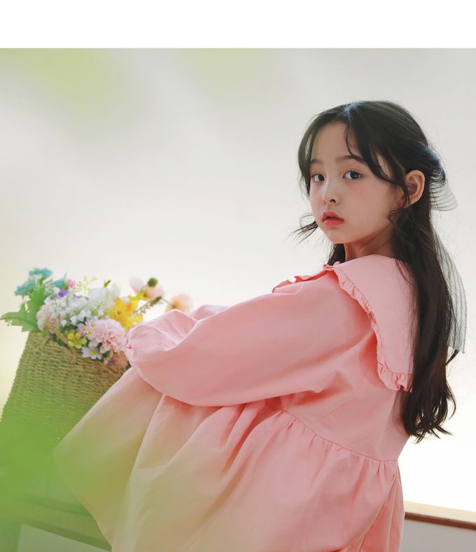 韓國 J KIDS - 優雅公主翻領連身長袖洋裝-蜜桃粉