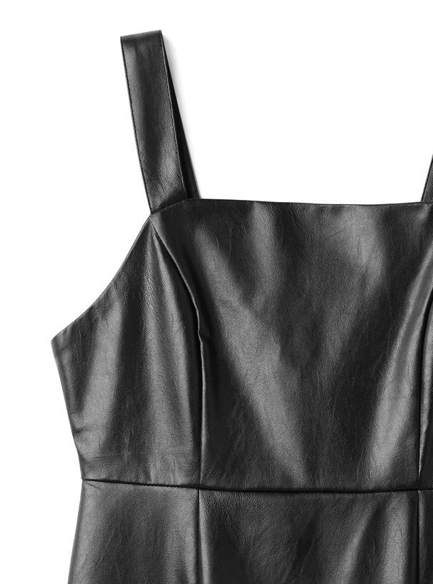 日本 GRL - 帥氣皮質開衩吊帶洋裝-簡約黑