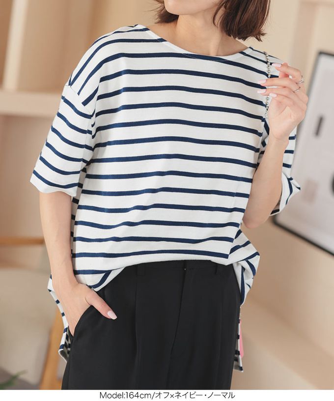 日本 Kobe Lettuce - 100%棉船領優雅條紋短袖上衣-棕x白線條