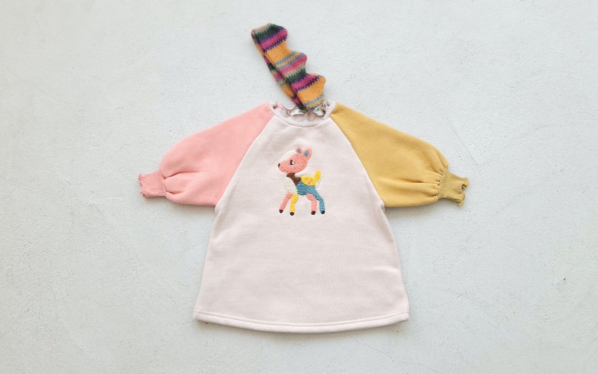 韓國 Mimico - (裏起毛)(附髮帶)立體小鹿拼接色泡泡袖洋裝