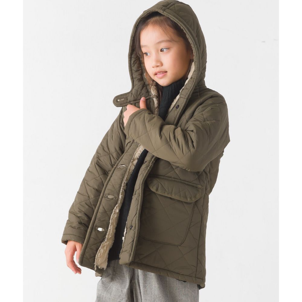 日本 OMNES - 絎縫厚刷毛保暖連帽外套(兒童)-墨綠