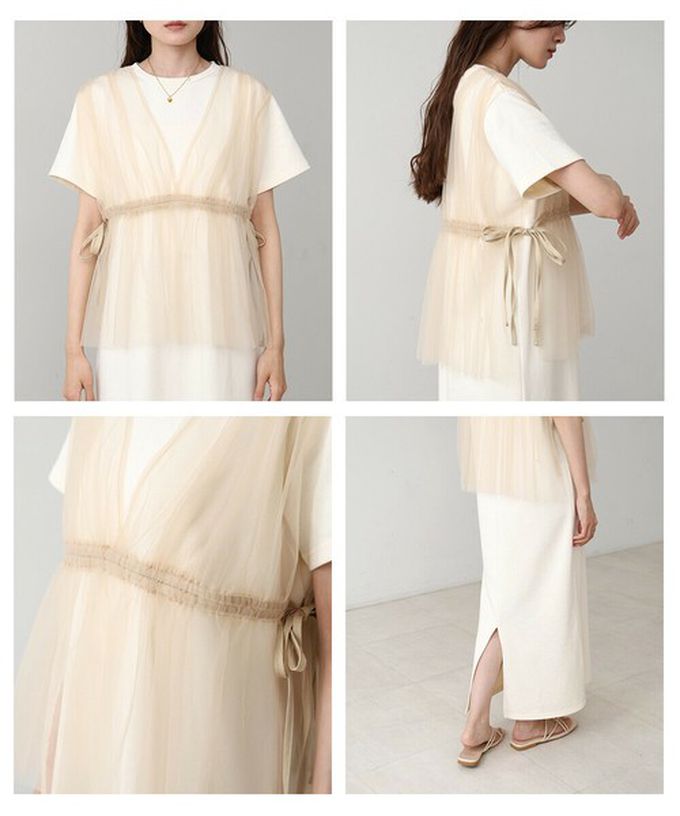 日本 Bab - 層次設計感薄紗拼接短袖洋裝-炭灰