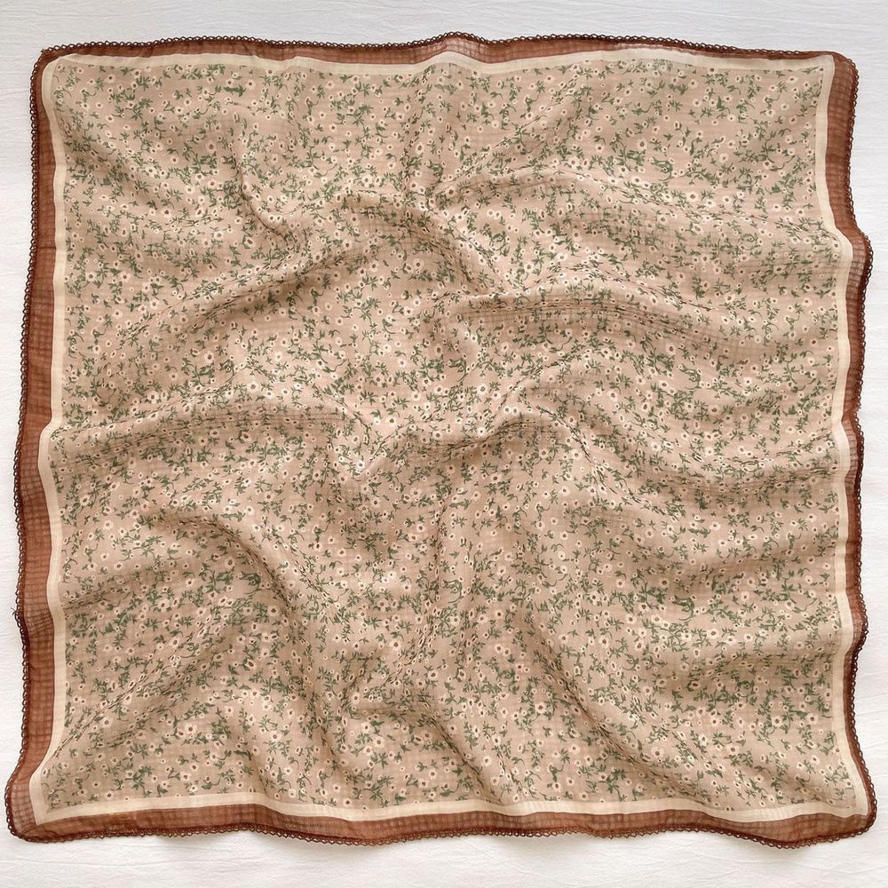 法式棉麻披肩方巾-清新小碎花-棕色 (90x90cm)