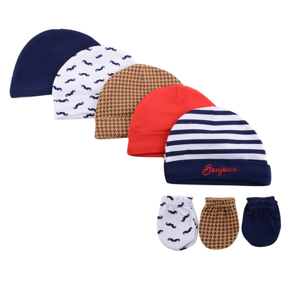 美國 Luvable Friends - 甜蜜寶貝100%純棉新生兒棉帽 保暖帽5件組+防抓手套 護手套3入組-藍色翹鬍子 (0-6M)