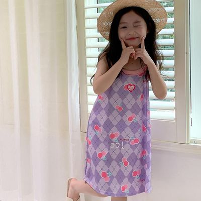 冰絲涼感連身睡裙/家居服-紫格子