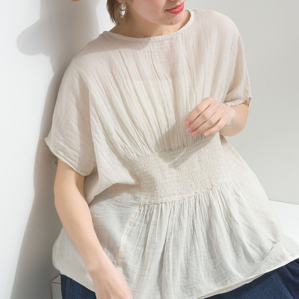 印度棉 人字紋清爽飄逸瘦腰短袖上衣-象牙白