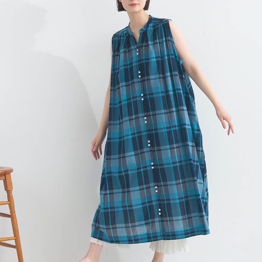 100%棉 漸層色輕盈格紋無袖洋裝-藍