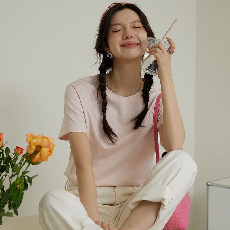 糖果色絲光棉圓領短袖上衣-白色