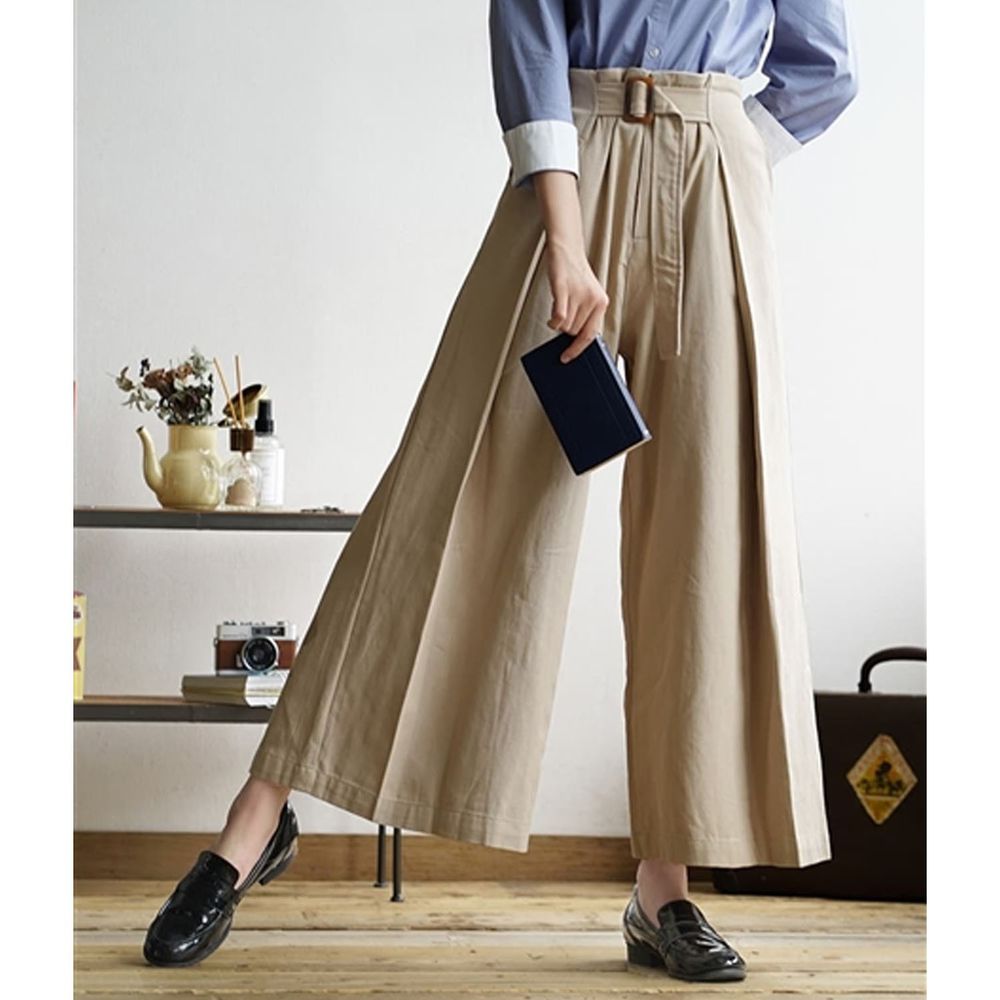 日本 zootie - 純棉率性設計感打褶腰帶寬褲-杏