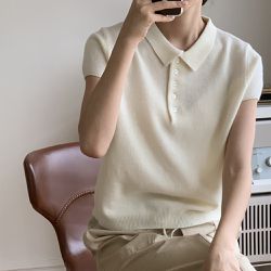 韓國女裝連線 - 翻領小釦羊毛混織短袖上衣-象牙白 (FREE)