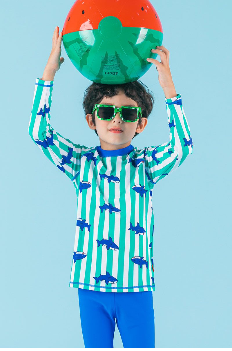 韓國 OZKIZ - 抗UV防曬兒童泳裝-三件組-條紋鯊魚
