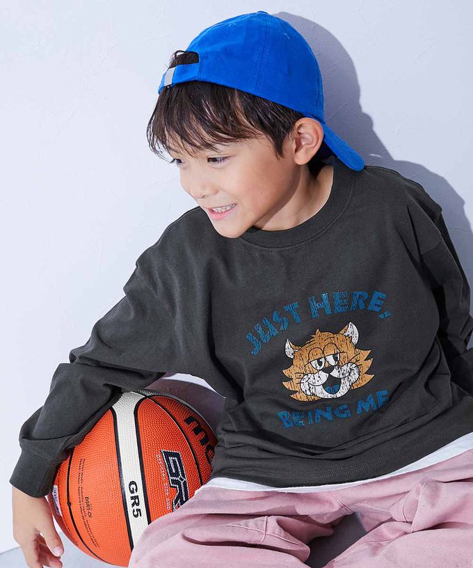 日本 devirock - 100%棉 定番印花寬版長袖上衣-漸變英文-炭黑