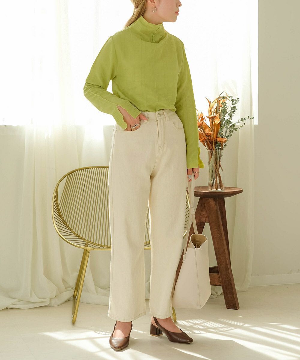 日本 Bab - 質感皺縮木耳領長袖上衣-酪梨綠